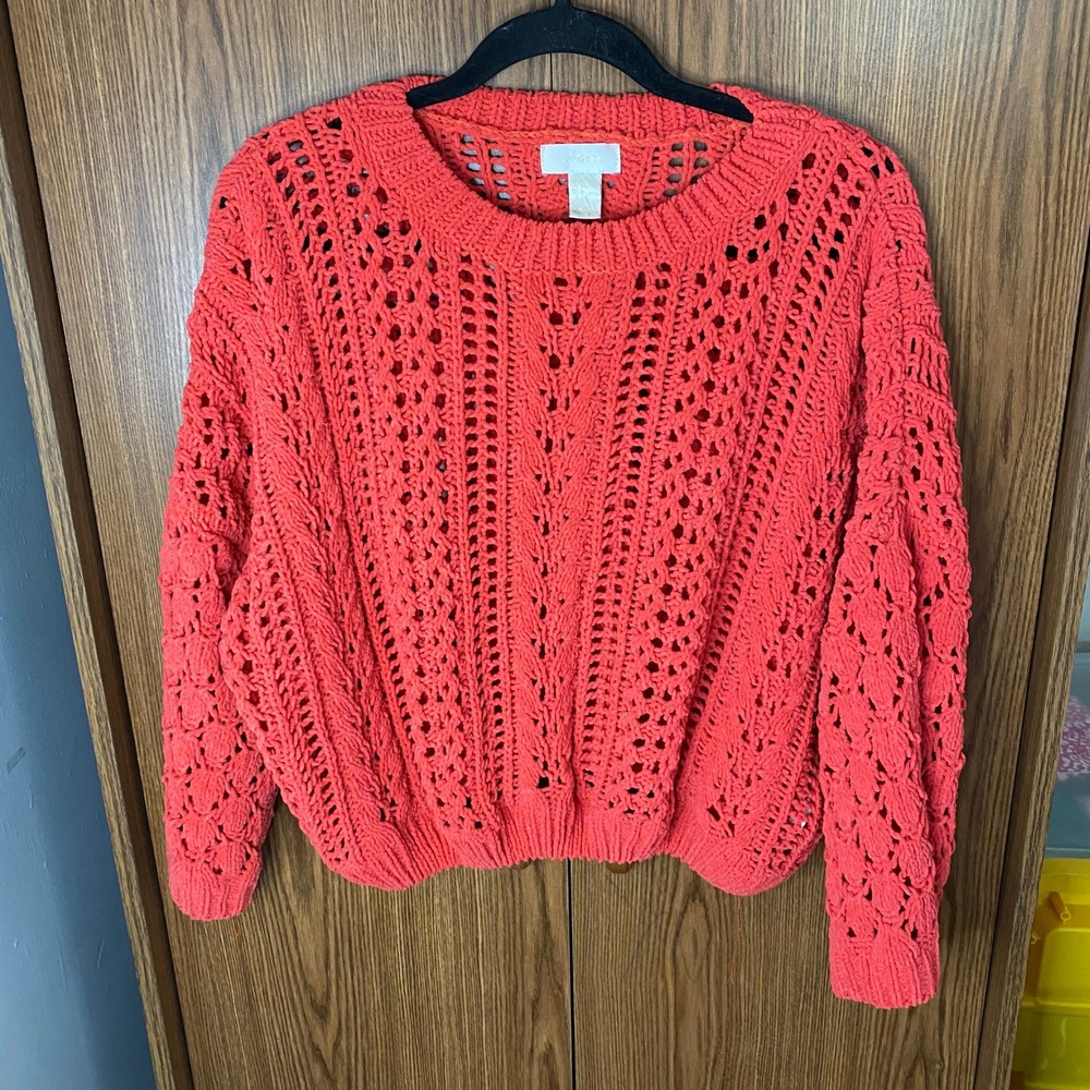Forever 21 Open Knit Sweater Womens Small Coral Orange Crochet Cable Pullover